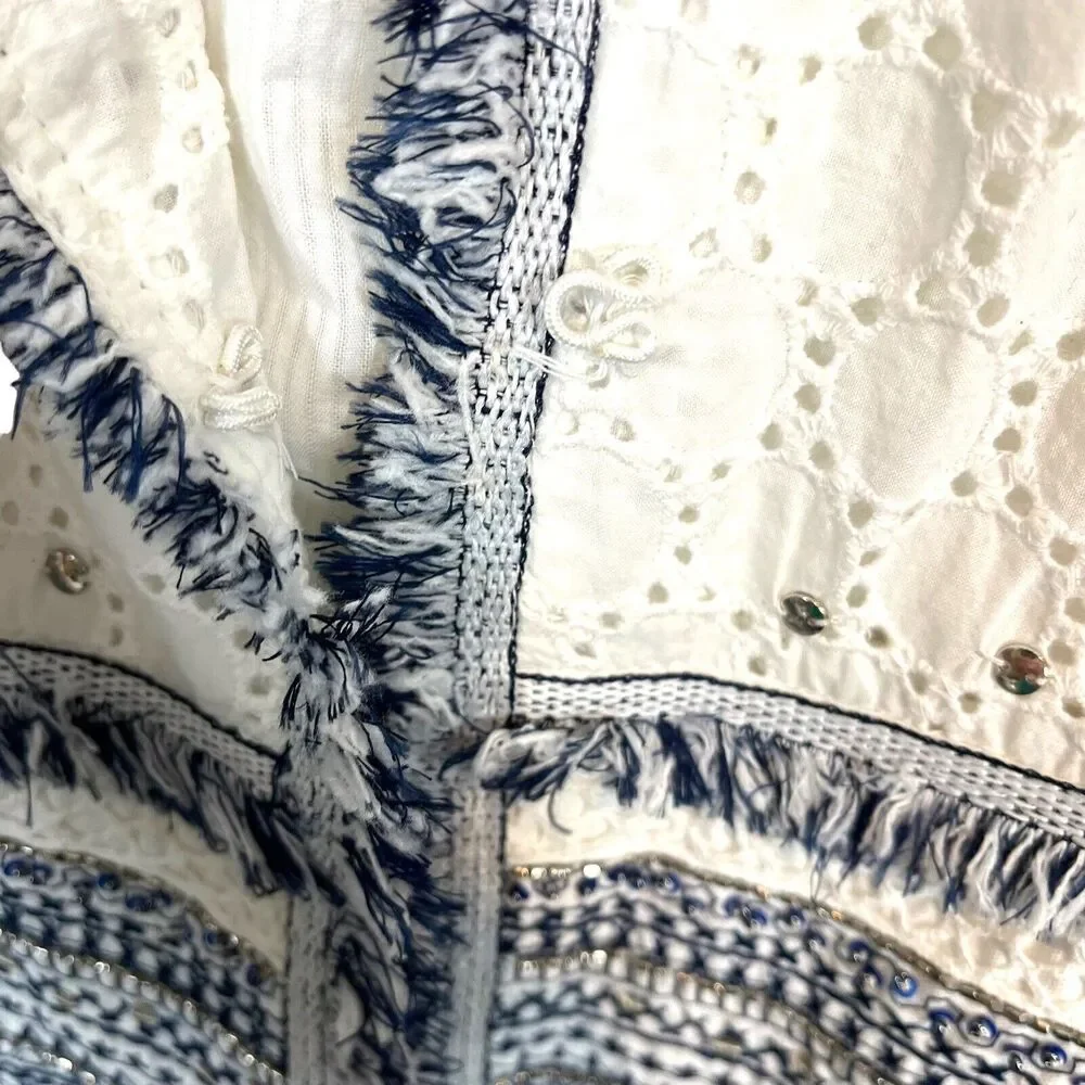 Chico's Eyelet Topper Jacket Embellished Cotton Linen White Blue SZ 12 P NWT